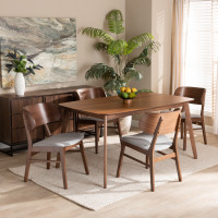 Baxton Studio WM1892B-Smoke/Walnut-5PC Dining Set Alston Mid-Century Modern Grey Fabric Upholstered and Walnut Brown Finished Wood 5-Piece Dining Set 